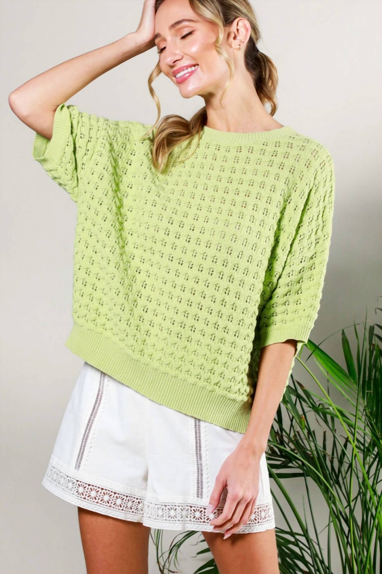 Vine & Love - Crew Neck Crochet Textured Knitted Sweater Top