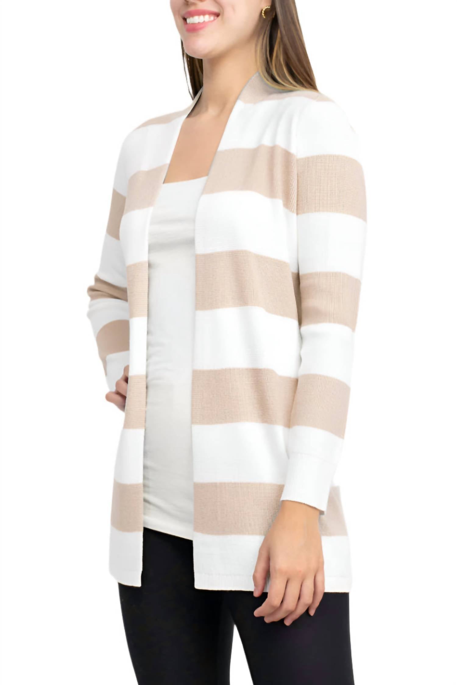 Cyrus - Open Front Long Sleeve Stripe Pattern Knit Cardigan