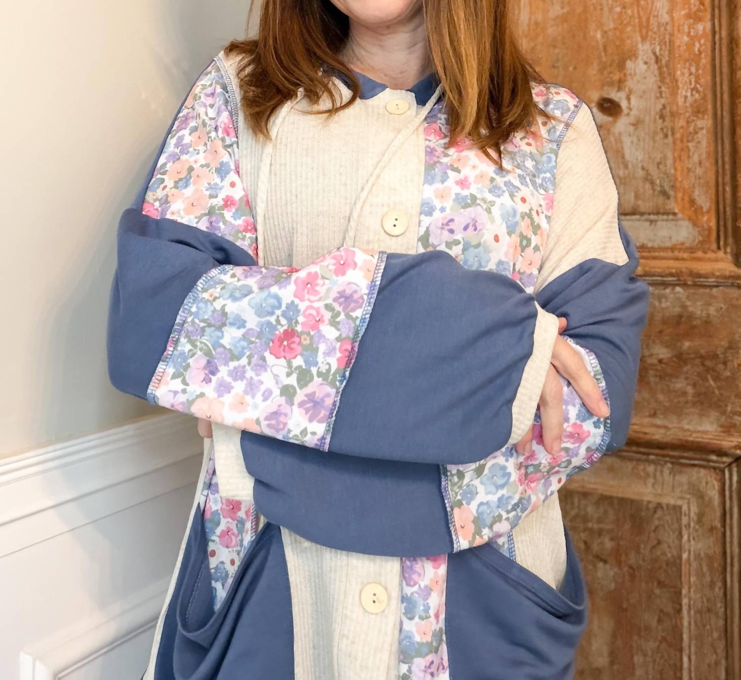 Haptics Floral Color-Block Hoodie Jacket in oatmeal - women's top - alternate view