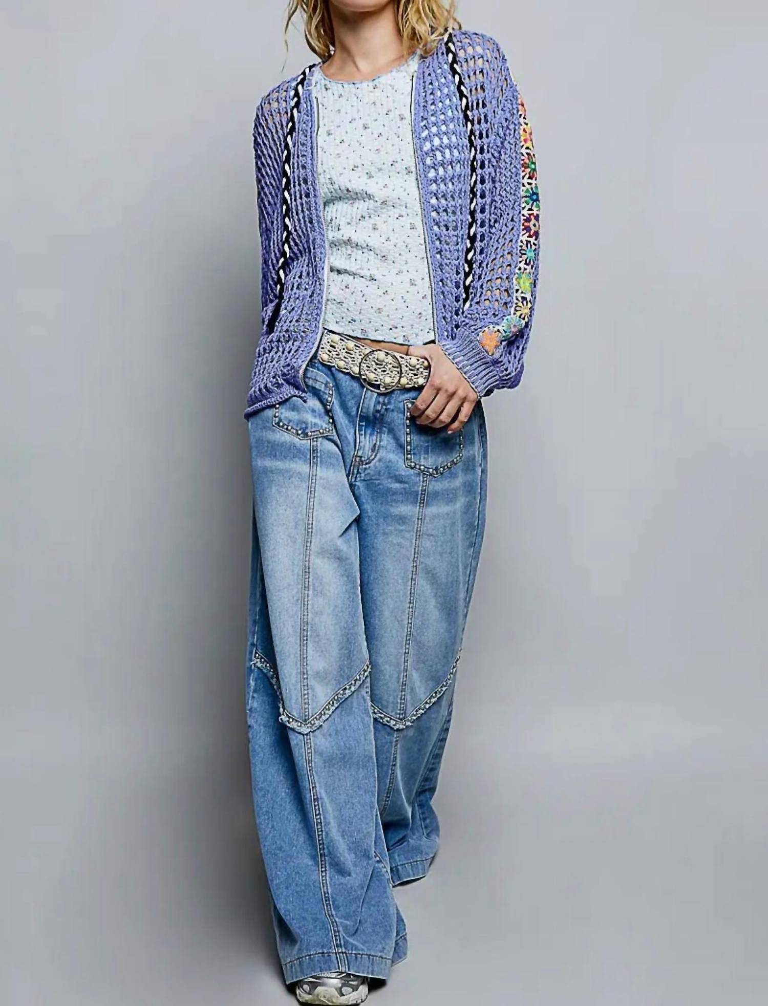 POL Crochet Zip-up Cardigan Hoodie in periwinkle - women's top