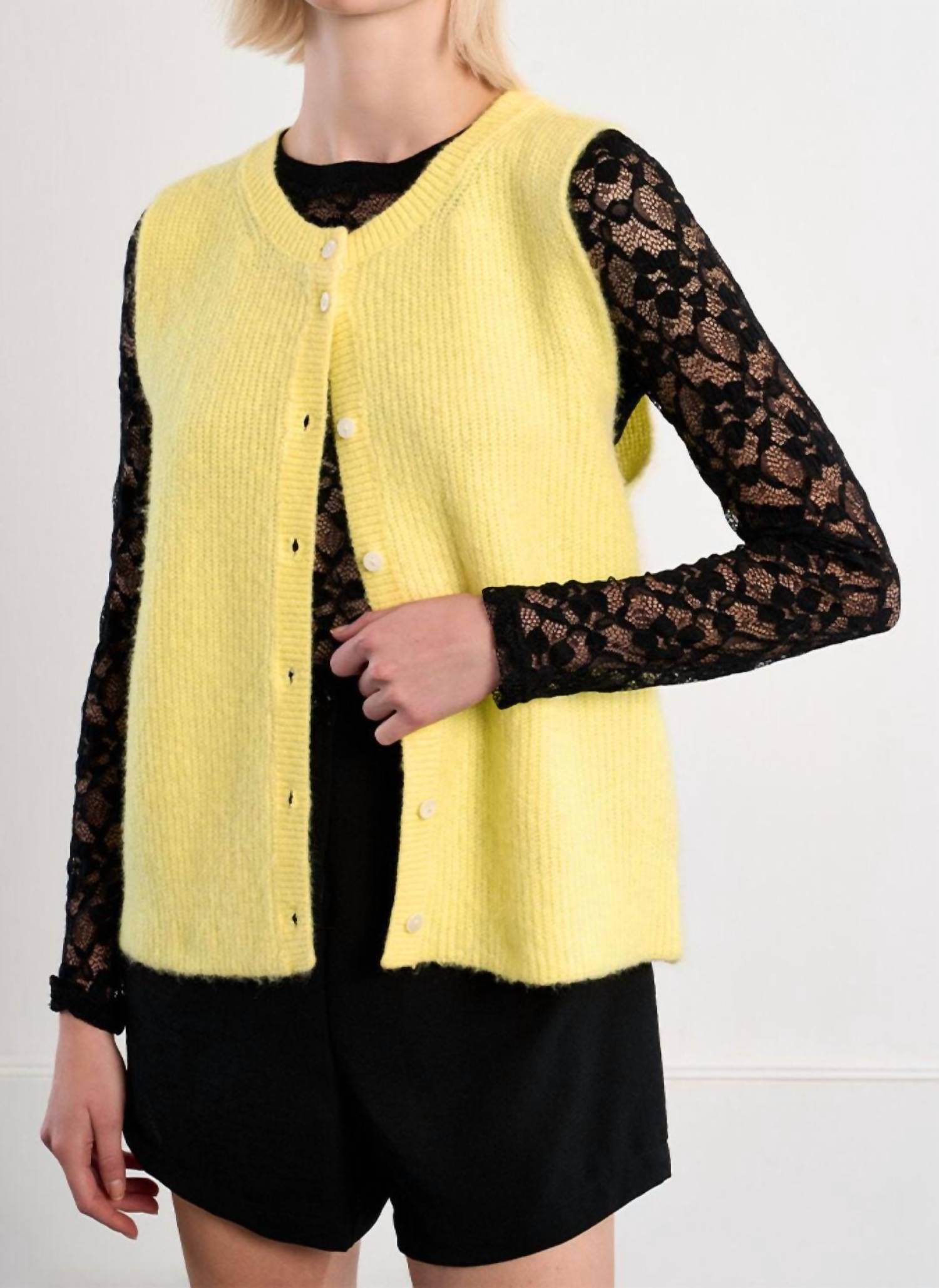 Lili Sidonio Buttoned Sweater Cardigan Vest in yellow - women's jacket - alternate view