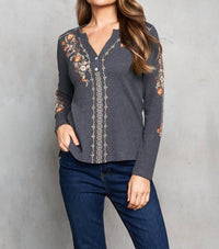 PAPARAZZI Thermal Knit Embroidered Henley Top in charcoal - women's blouse - view 9