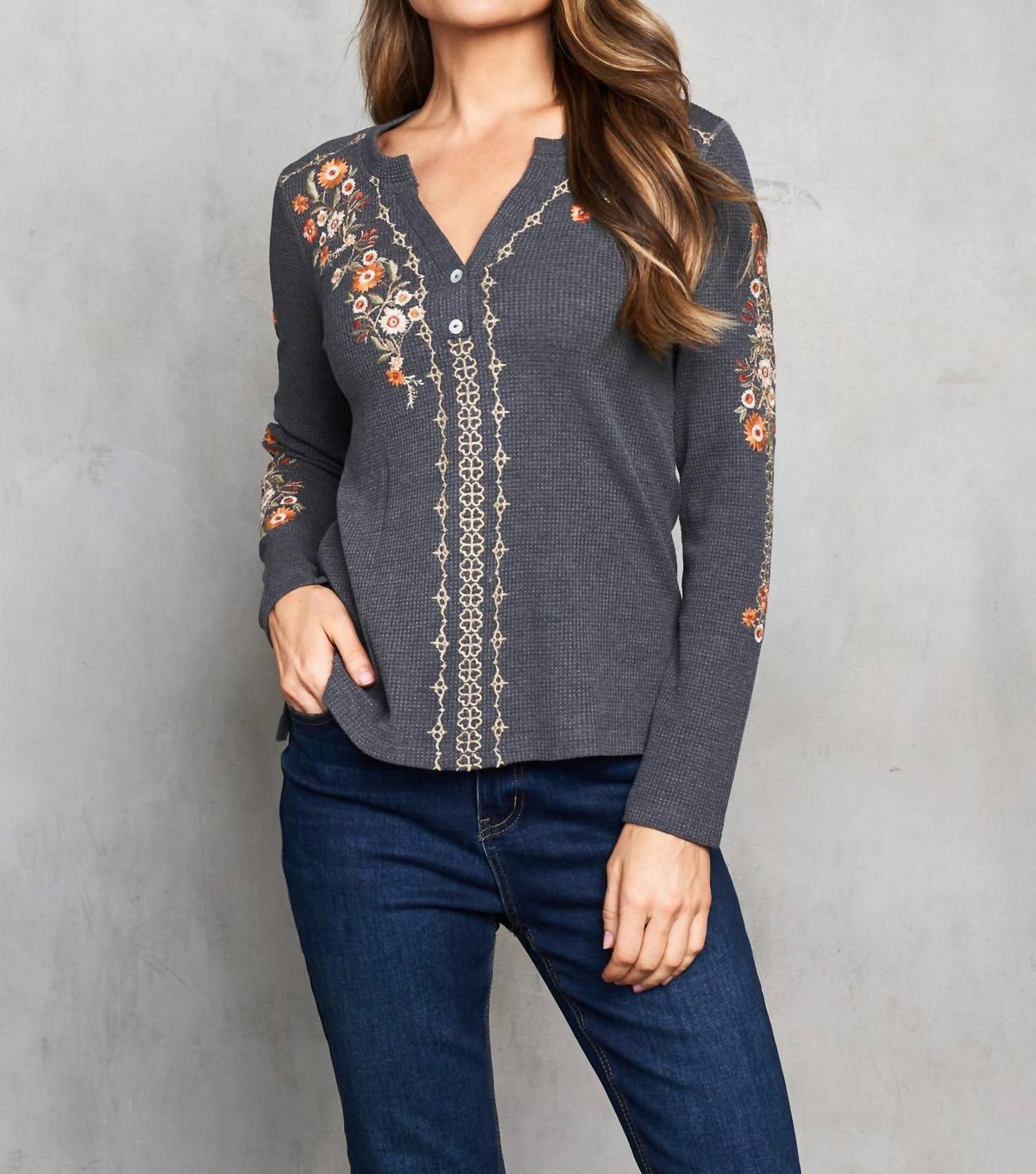 PAPARAZZI Thermal Knit Embroidered Henley Top in charcoal - women's blouse - view 9