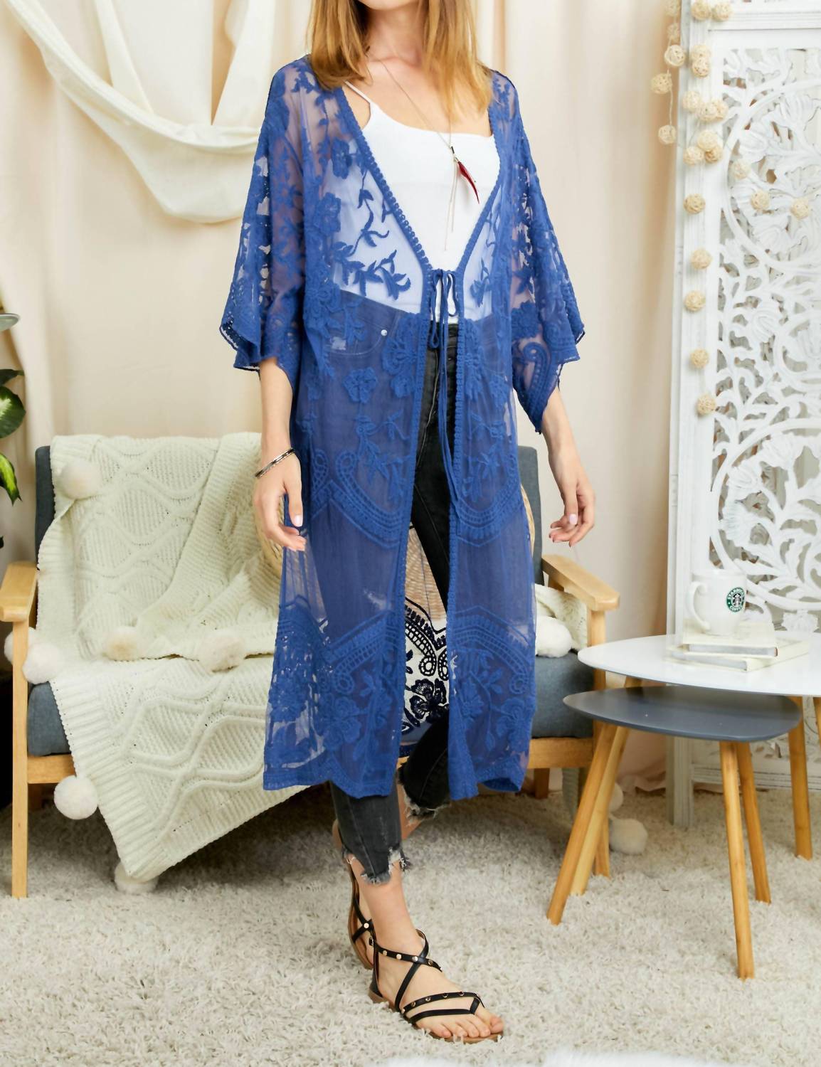 DAVI & DANI Boho Sheer Lace Duster Cardigan in denim blue - women's cardigan - view 5