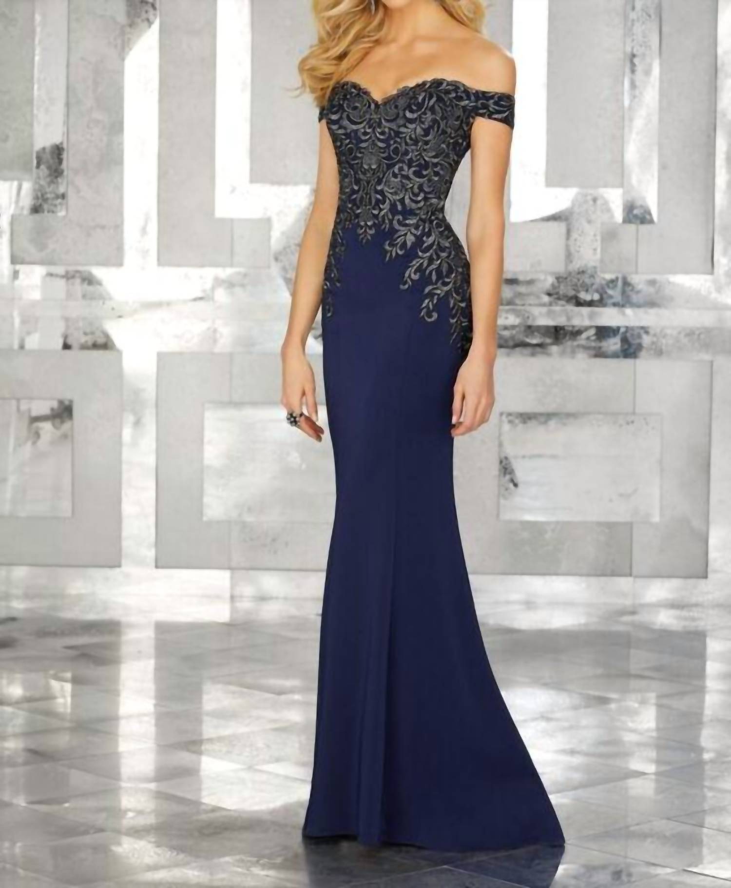MGNY Off The Shoulder Dress in navy 1 - women's dress