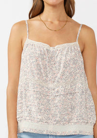 Lovestitch - Lace-trimmed Button Down Floral Spaghetti Tank Top
