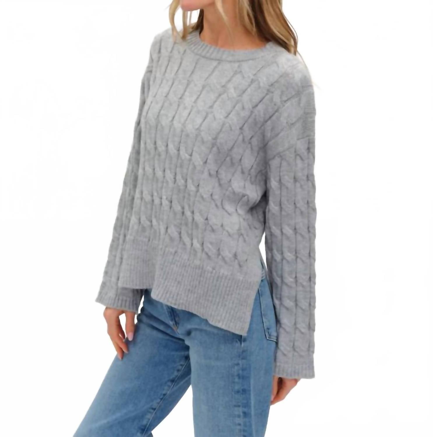 SIX/FIFTY Cable Knit Side Slit Sweater Top in heather grey - women's sweater - alternate view