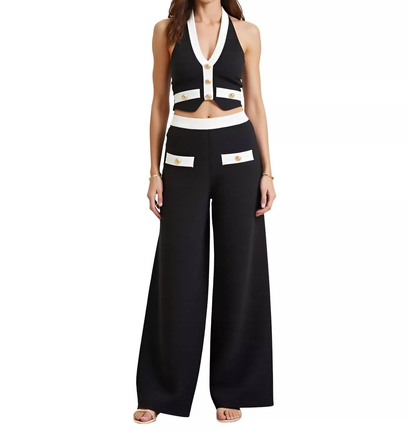 Blithe Faye Contrast Button Halter Set in black - women's sleepwear