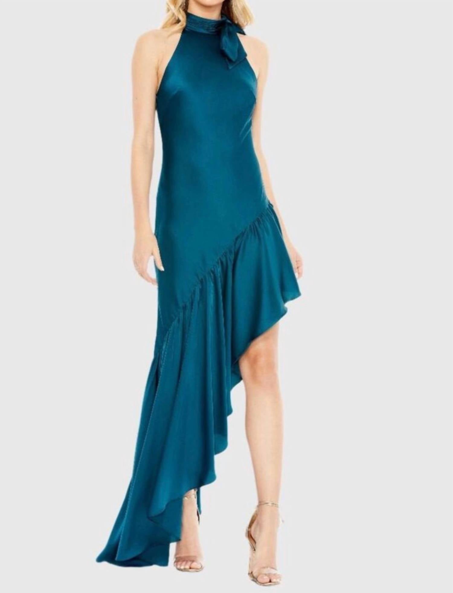 MAC DUGGAL Halter Neck Asymmetric Ruffle Dress in teal - women's dress