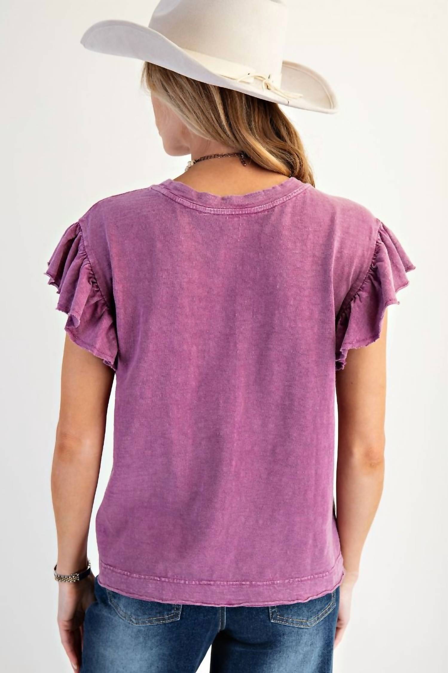 Easel - Wing Sleeve Mineral Washed Cotton Knit Top