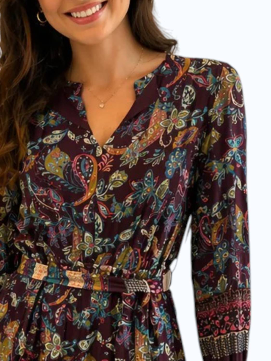 current air Floral Border Print Dress in plum - women's dress - detail view