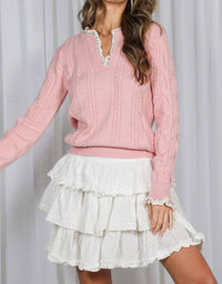 Vine & Love - Lace Embellished V-neck Cable Knitted Sweater