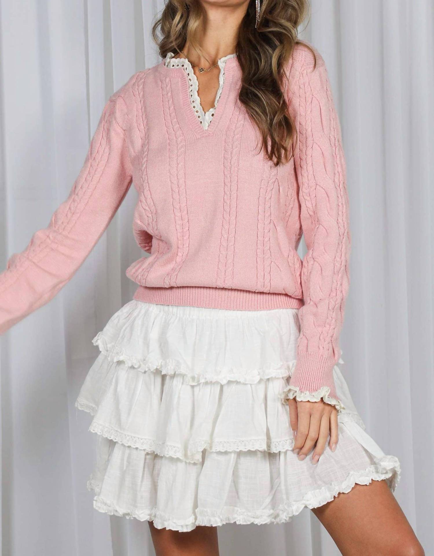 Vine & Love - Lace Embellished V-neck Cable Knitted Sweater