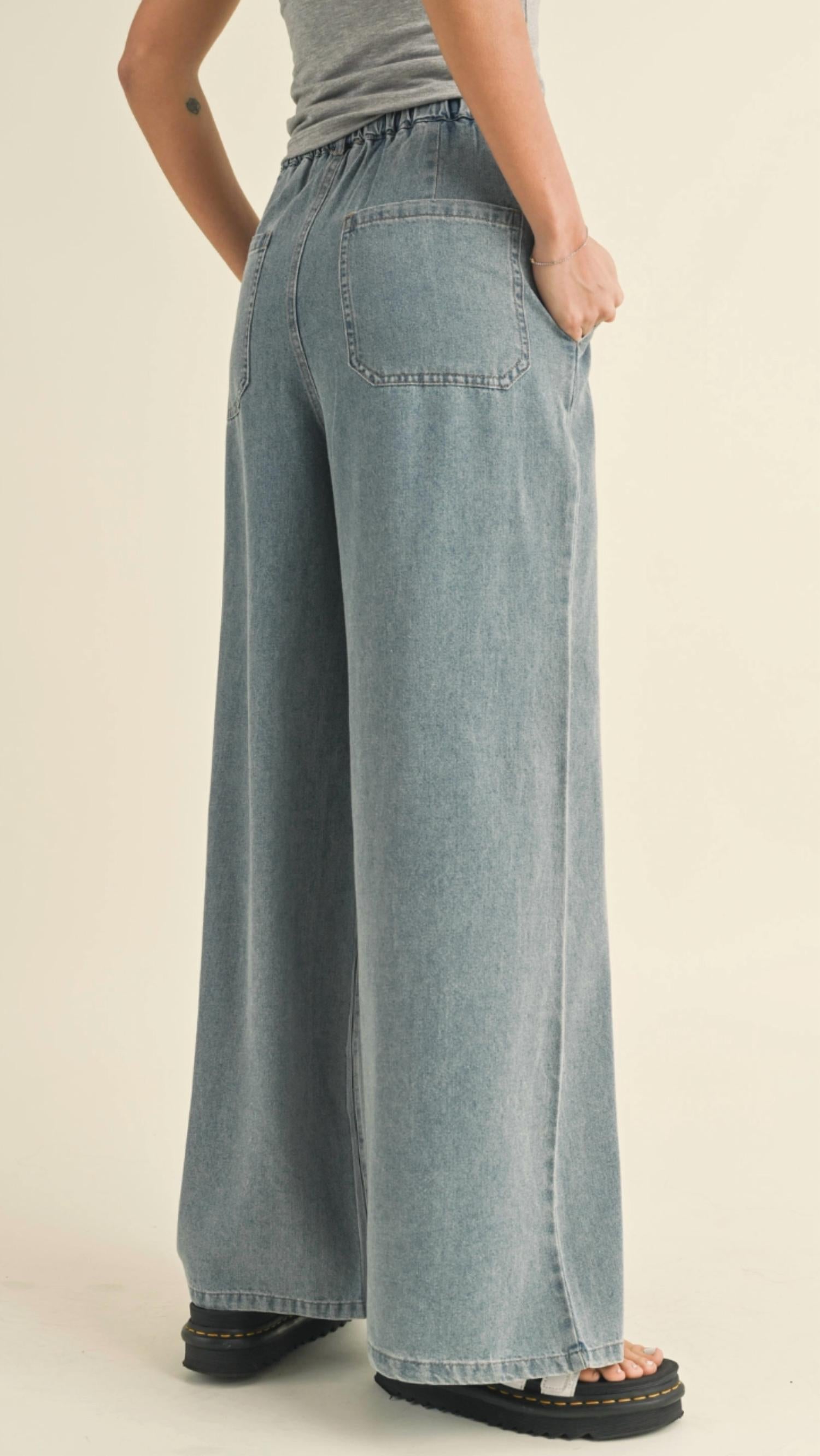 Miou Muse - Elastic Waist Drawstring Denim Wide Leg Pants