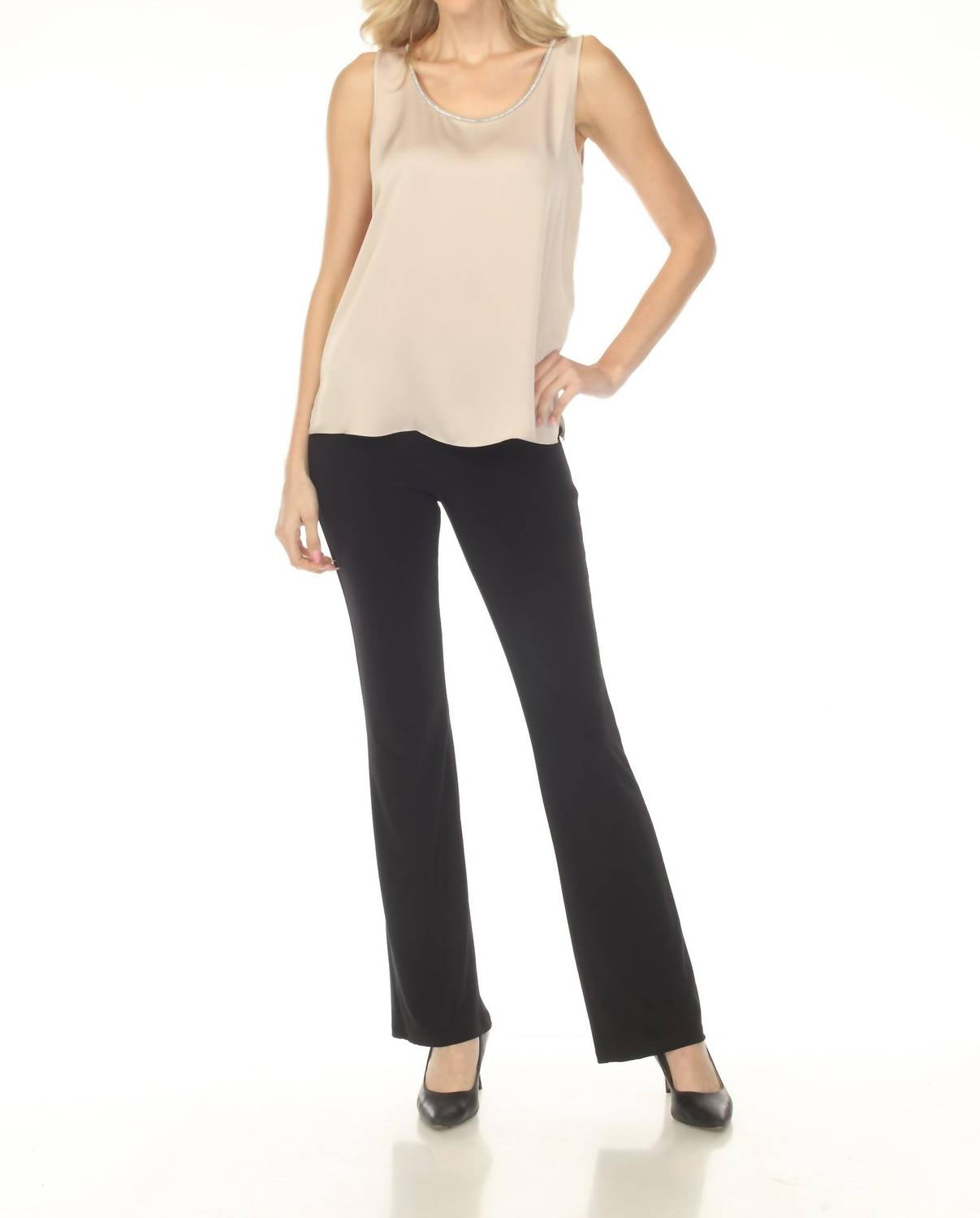 Joseph Ribkoff - Rhinestone Trim Scoop Neck Satin Top