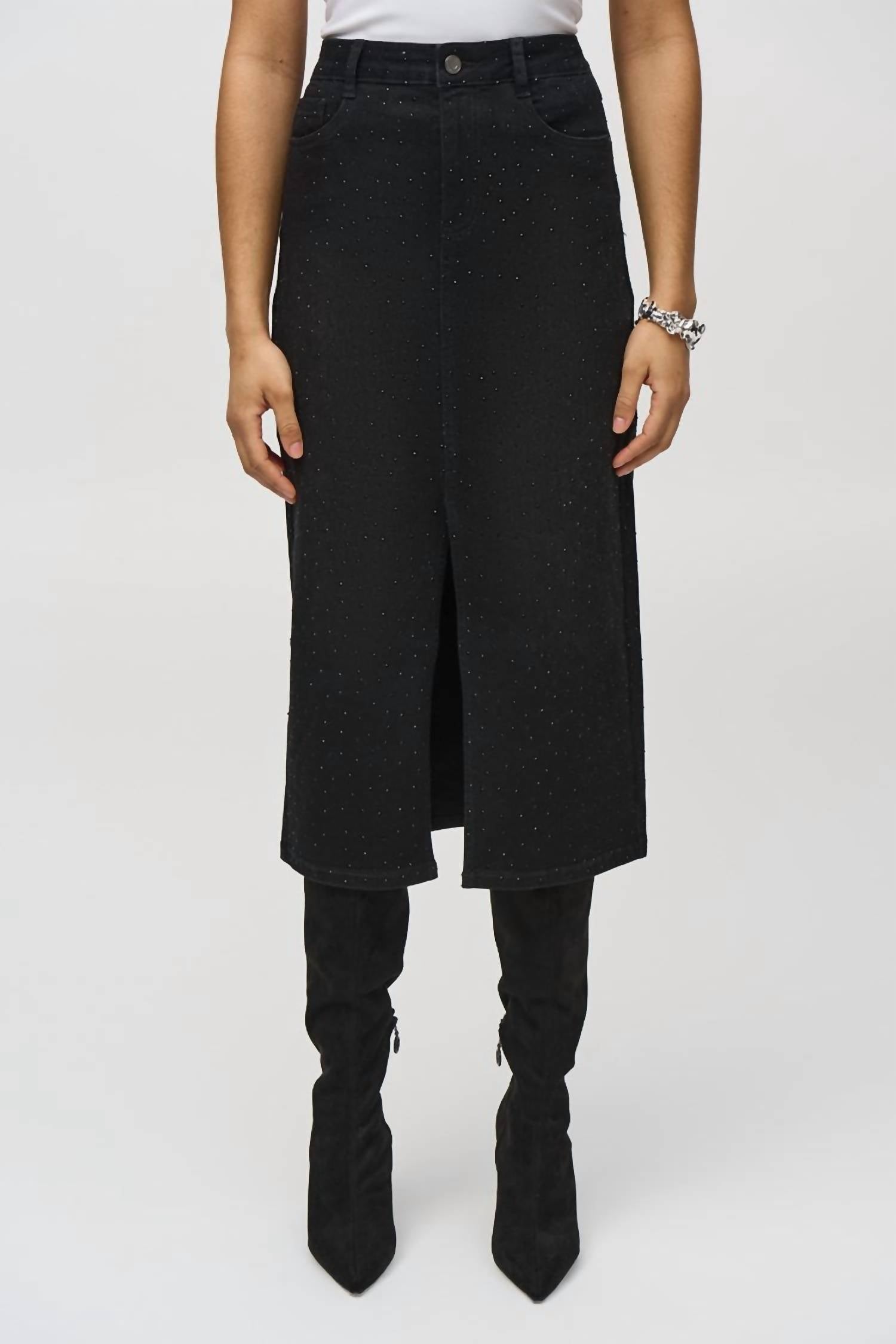 Joseph Ribkoff - Classic Denim Pencil Skirt W/ Rhinestones