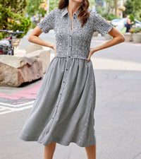 DESIGN HISTORY Smocked Gingham Midi Dress in black combo - women's dress - detail view