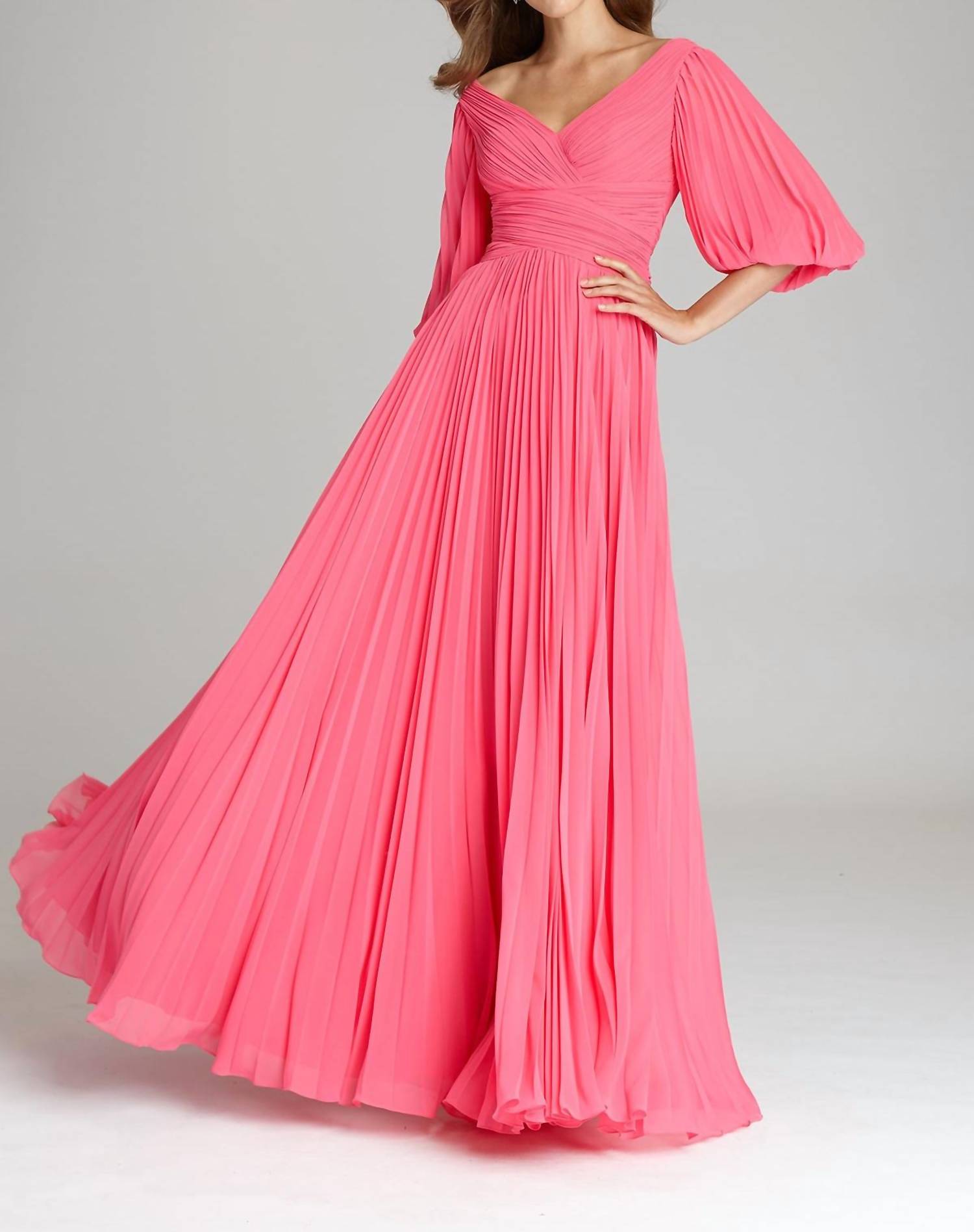 Teri Jon - Chiffon Puff Sleeve Pleated Vneck Gown