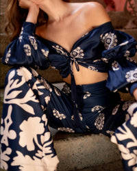 Andres Otalora Women's Zinu Cropped Blouse in navy dots abstract border print - women's blouse - detail view