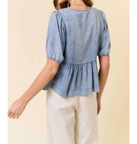 Doe And Rae - Denim Front Tie Babydoll Top