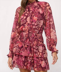 Fate Chiffon Floral Lurex Smocked Waist Dress in wine - women's dress - detail view
