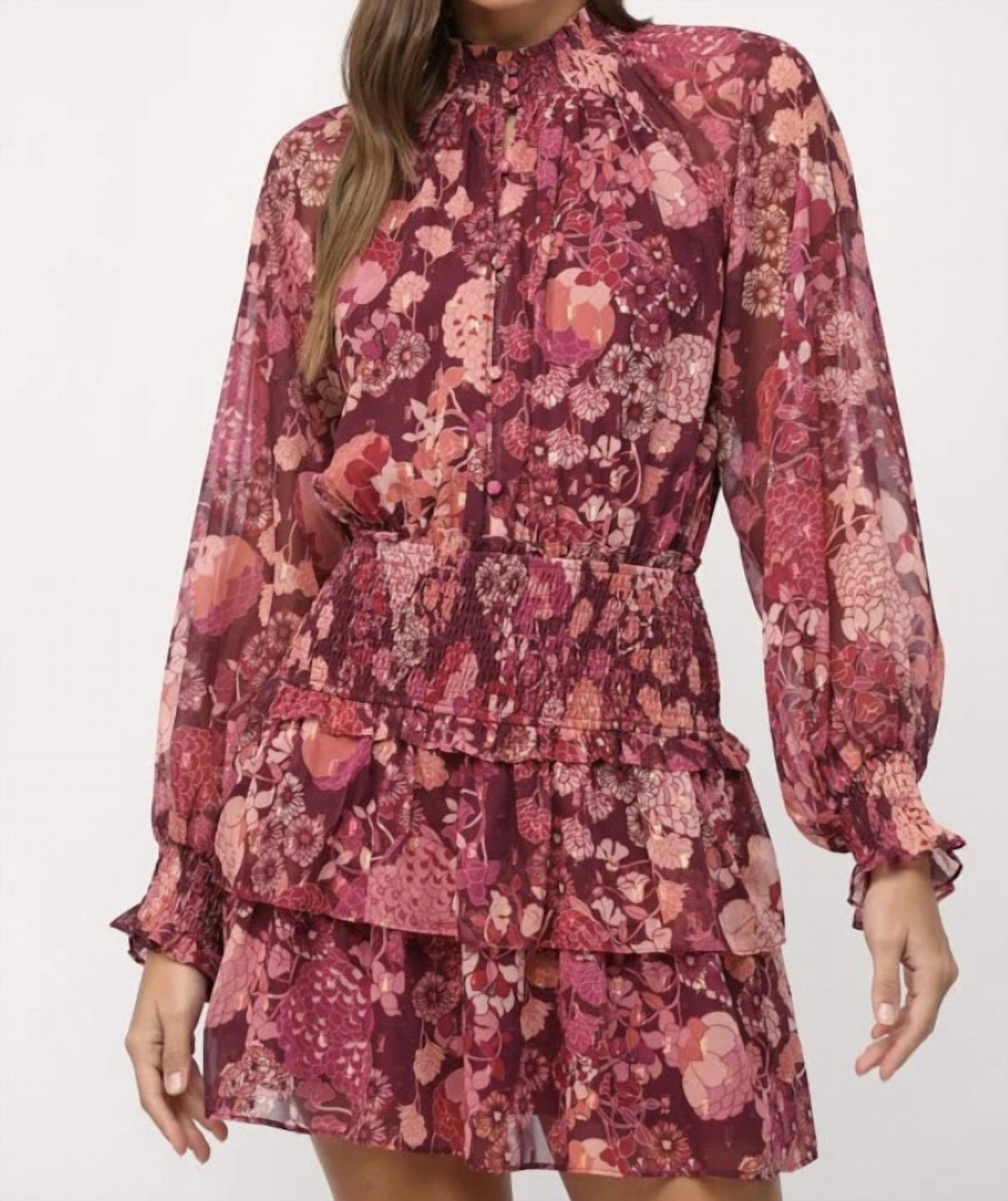 Fate Chiffon Floral Lurex Smocked Waist Dress in wine - women's dress - detail view