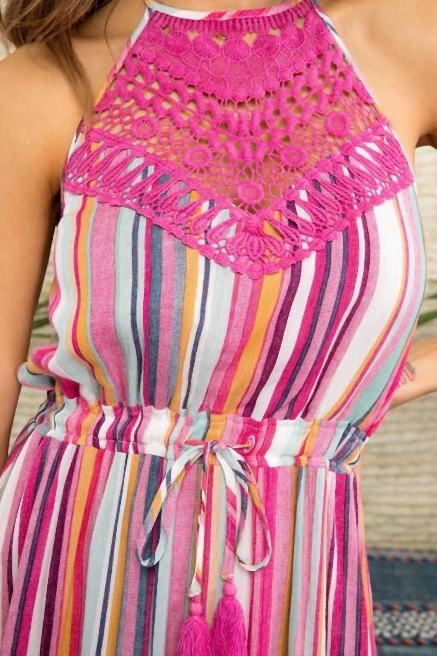 Main Strip - Striped Halter & Lace Maxi Dress