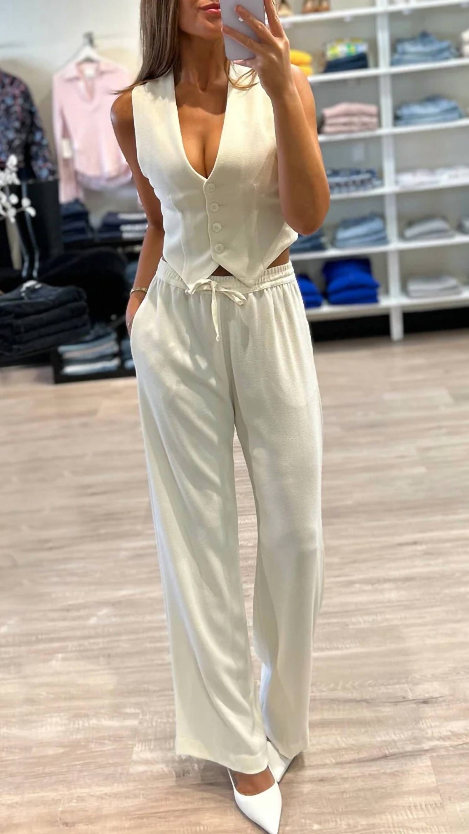 Enza Costa Crepe Tunic Vest in cream - women's jacket - detail view