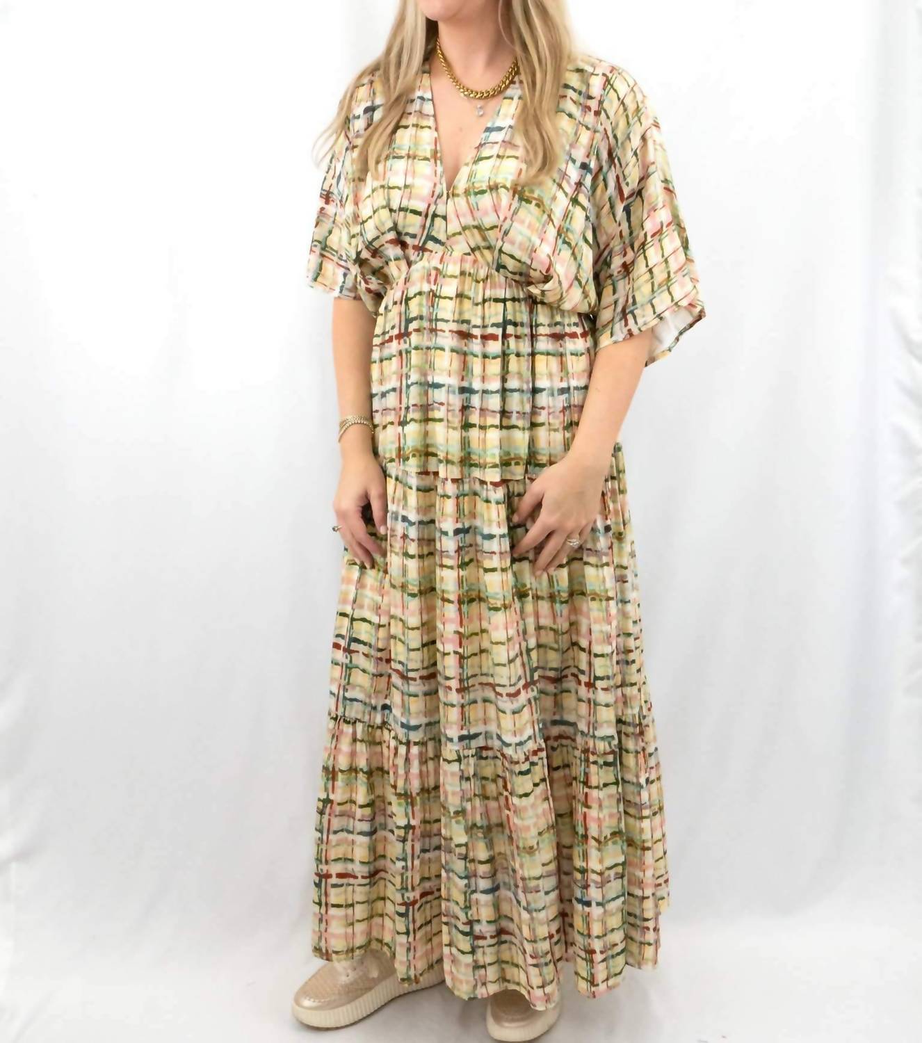 entro Plaid V-neck Maxi Dress in multi color - women's dress