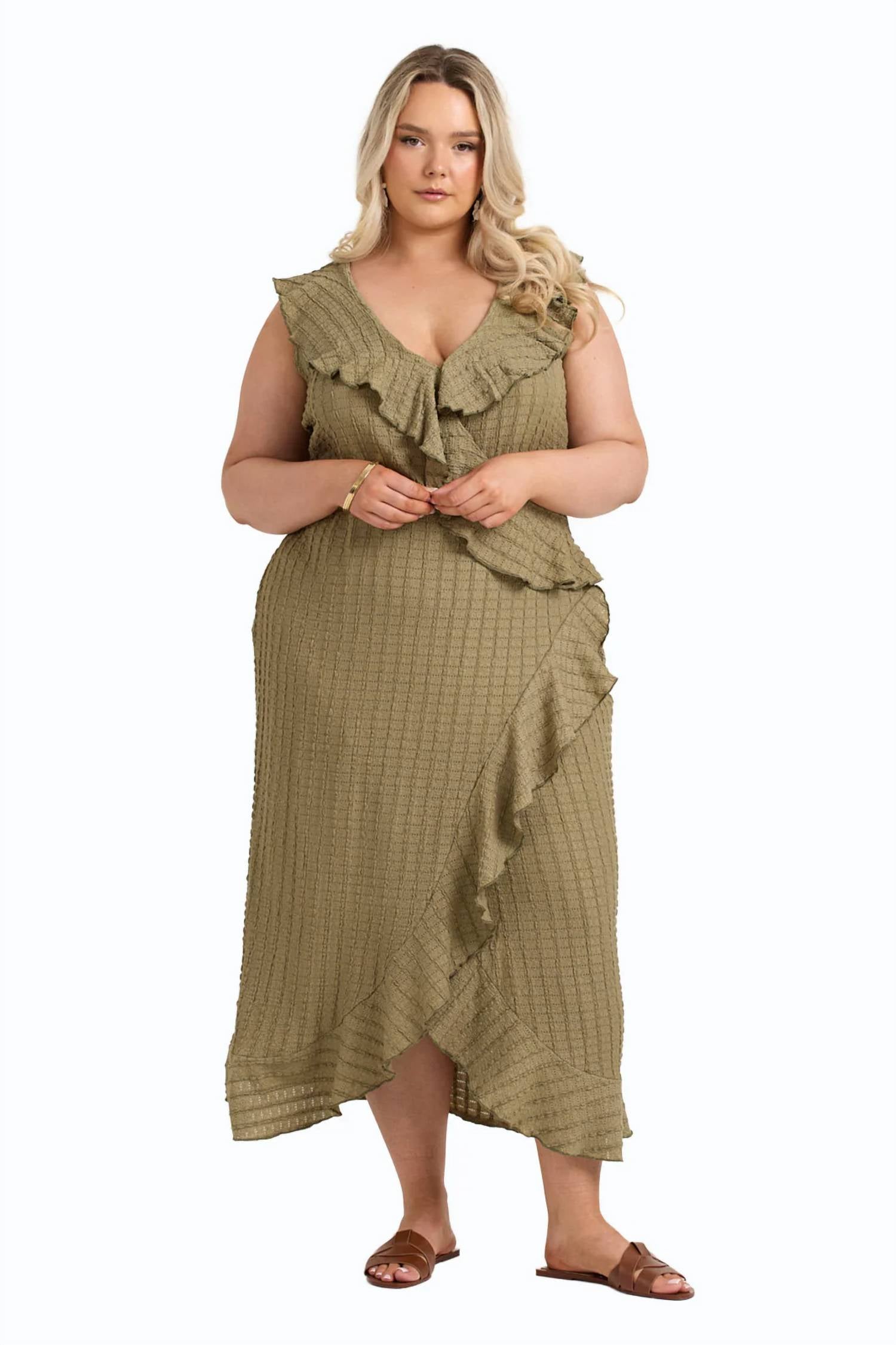 Fashion Szn Curve - Ruffle Wrap Sleeveless Midi Dress - Plus Size