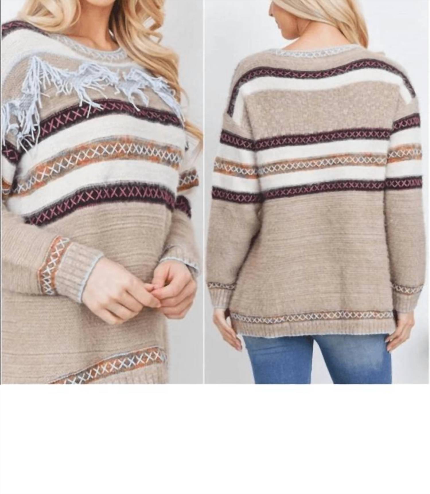 En Creme - Fringe & Stitch Detail Sweater