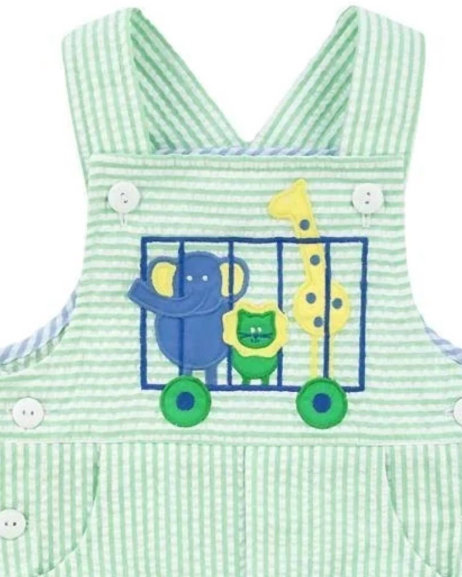 Florence Eiseman Kid's Zoo Animal Seersucker Shortall in green - kids' item - detail view