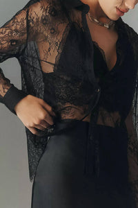 En Saison Darcy Long-sleeve Sheer Lace Button Down Top in black 1 - women's blouse - detail view