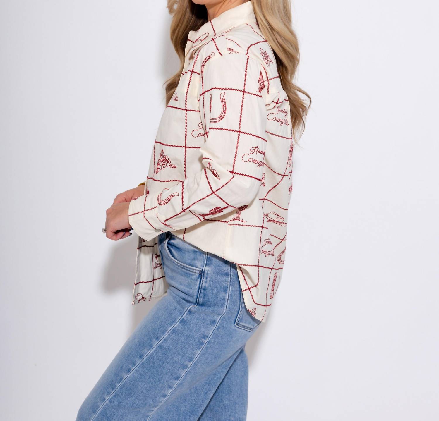 ee:some Embroidered Western Grid Button Up Top in cream - women's blouse - detail view