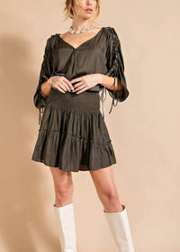 KORI Silky Smocked Mini Dress in olive - women's dress