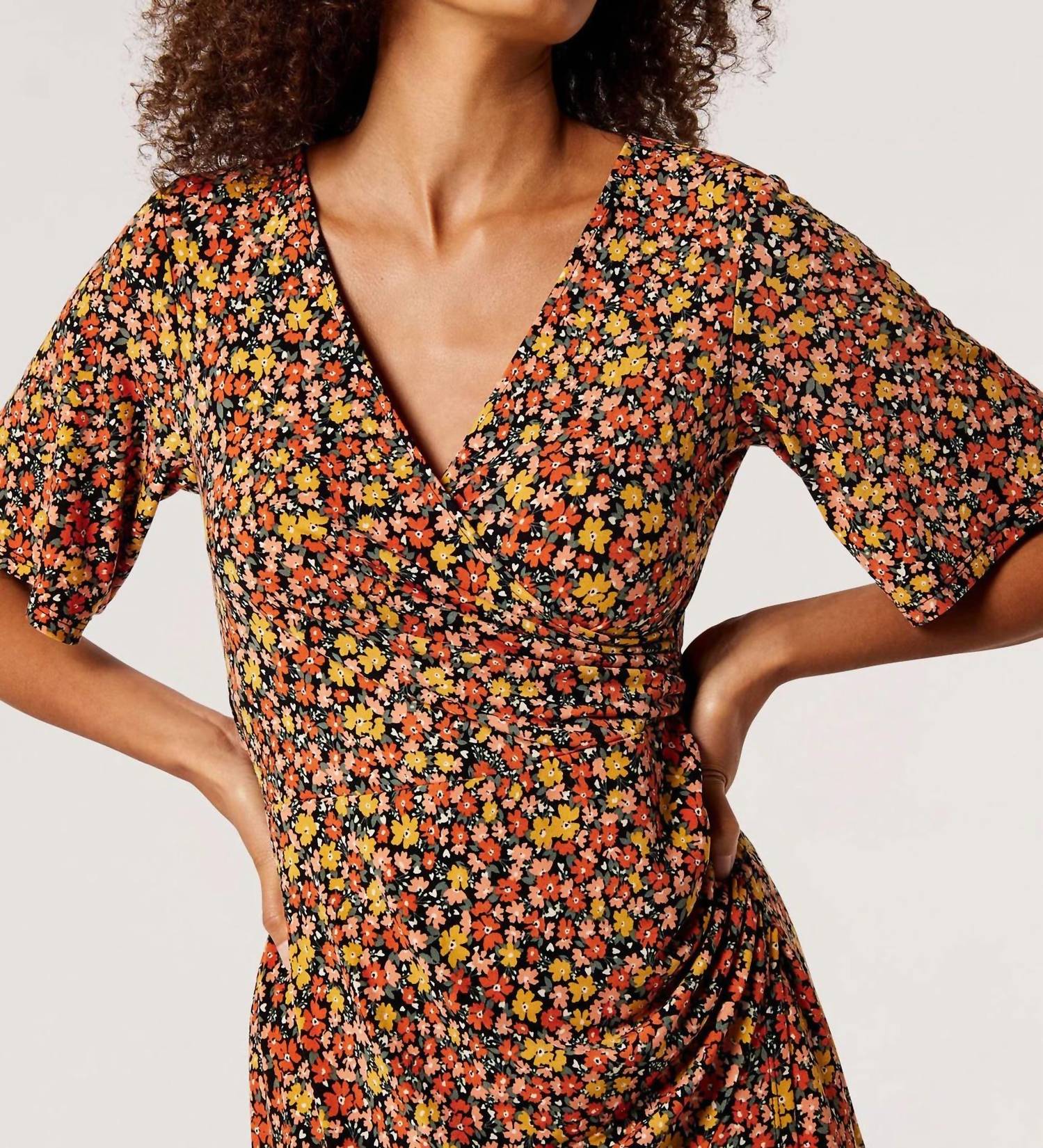 Apricot - Side Ruch Graphic Ditsy Wrap Dress