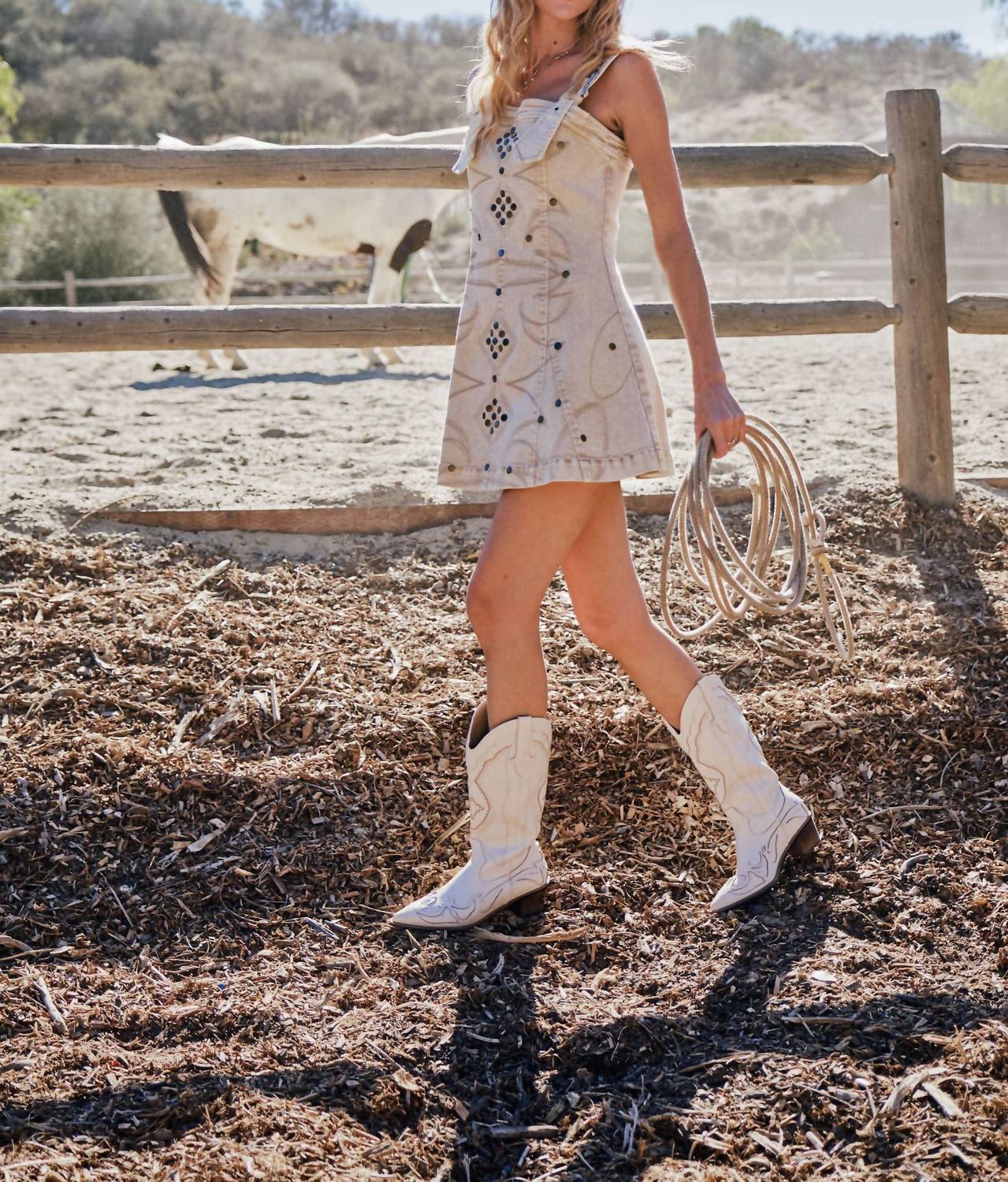 Blue B Studded Western Buckle Stretch Denim Dress in sand - women's dress - view 4