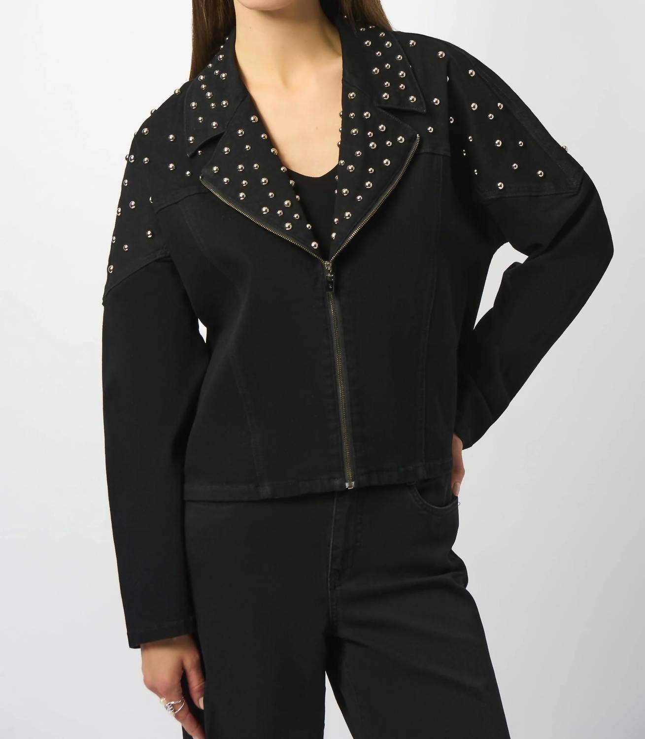 Joseph Ribkoff Stretch Denim Jacket With Stud Detailing in black - women's jacket
