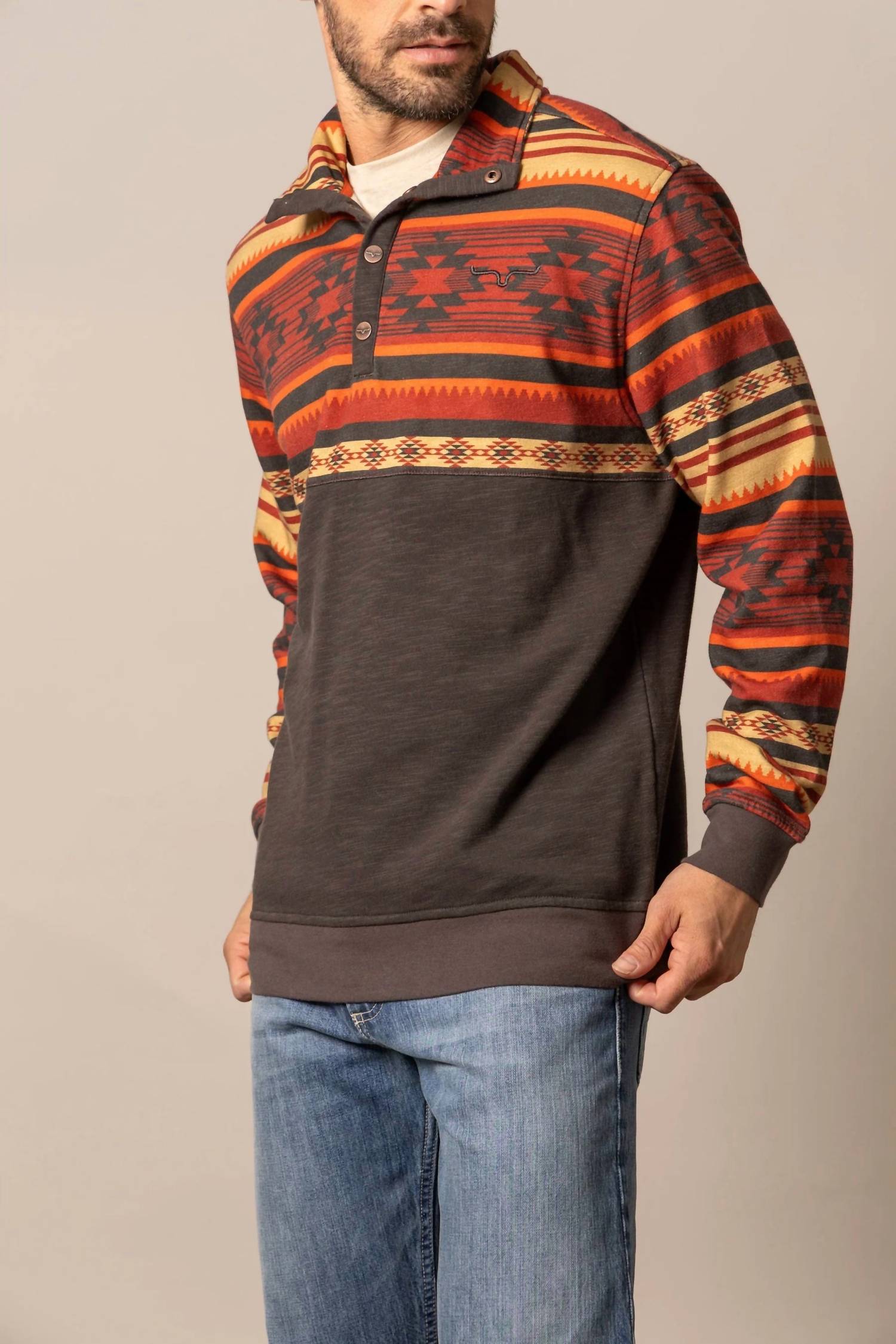 KIMES Tack Half Button Pullover Sweatshirt in brown - women's sweater - detail view