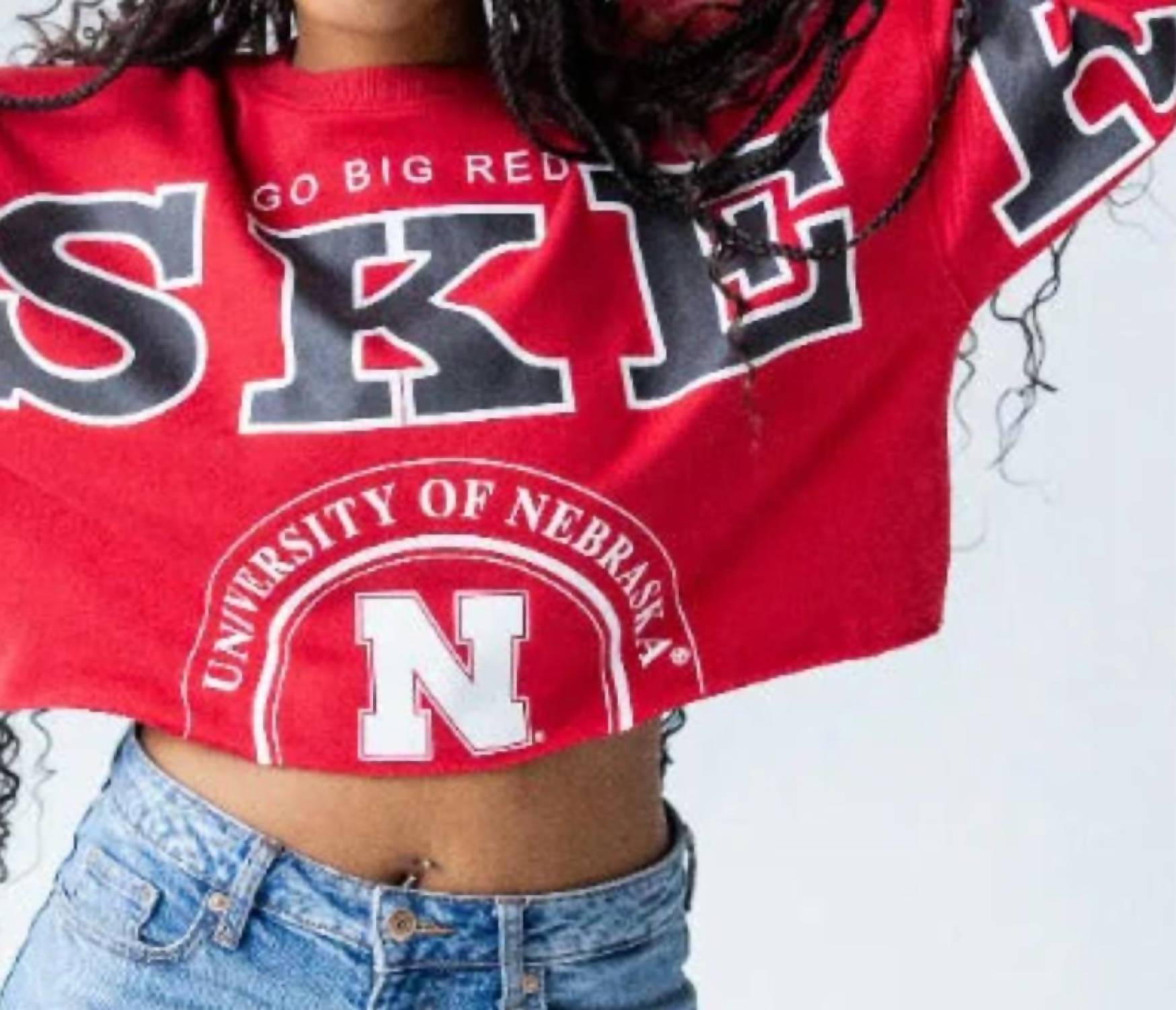 Gameday Social Nebraska Split Crop Crew Huskers Tee in red - women's long sleeve top - detail view