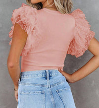 Lovesoft - Dotty Mesh Ruffle Sleeve Ribbed Knit Top