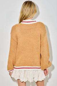 Baevely by Wellmade Rodeo Knit Crewneck Sweater in camel - women's sweater - detail view
