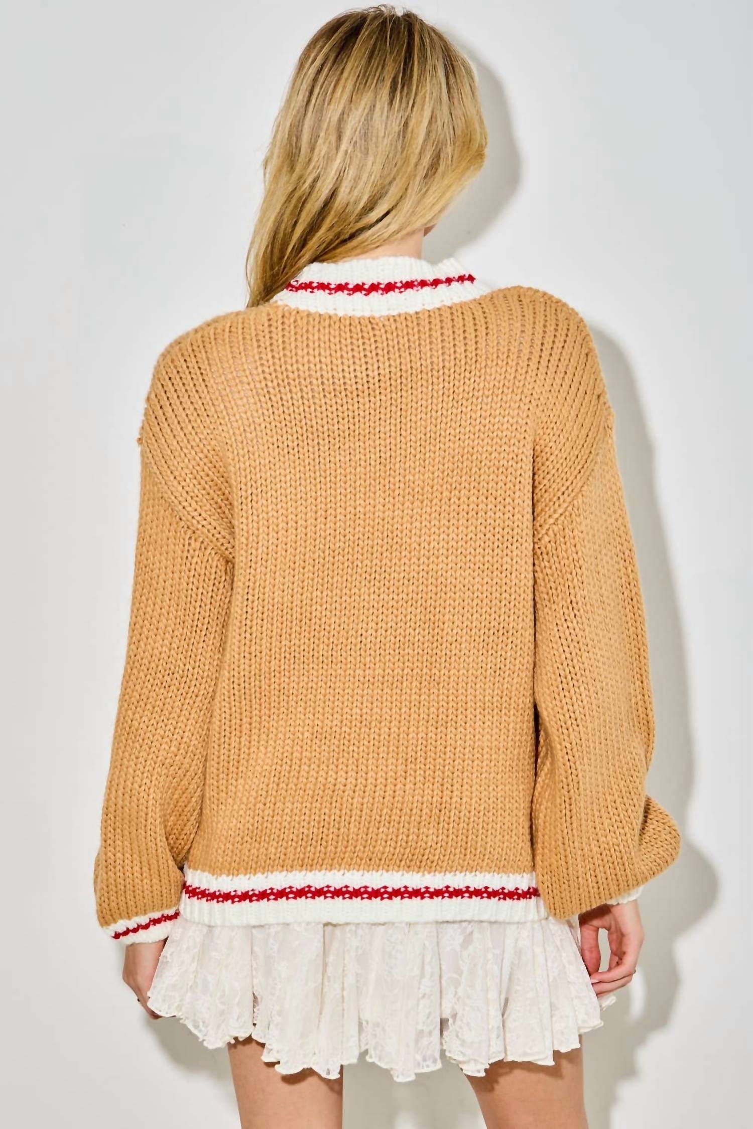 Baevely by Wellmade Rodeo Knit Crewneck Sweater in camel - women's sweater - detail view