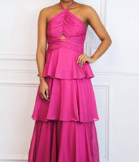 Maniju - Gabriela High Neck Tiered Ruffle Shimmer Maxi Dress