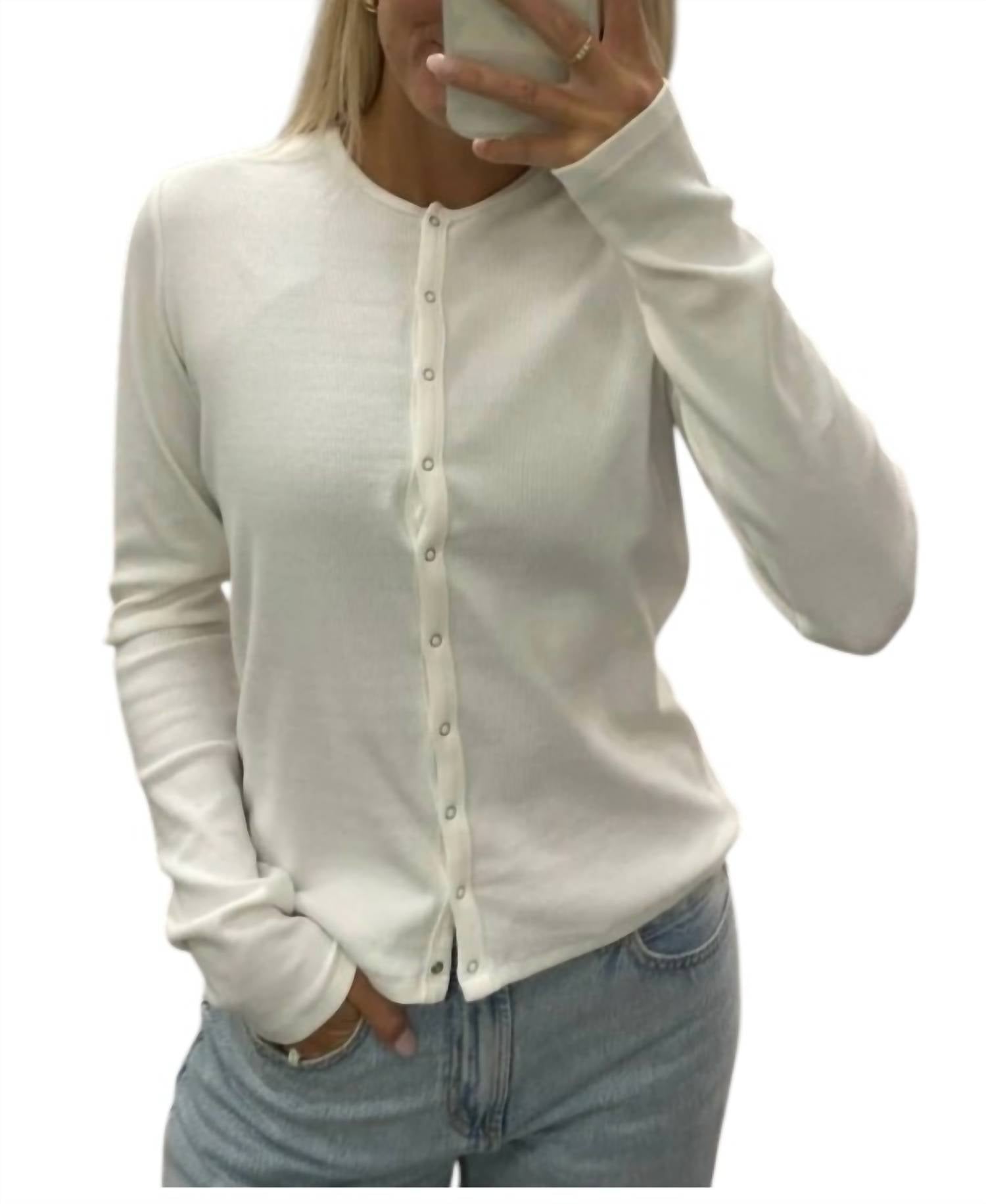 WISHLIST Ribbed Button-up Knit Top in off white - women's long sleeve top