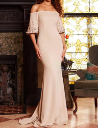 Jovani - Off Shoulder Floral Sleeve Gown