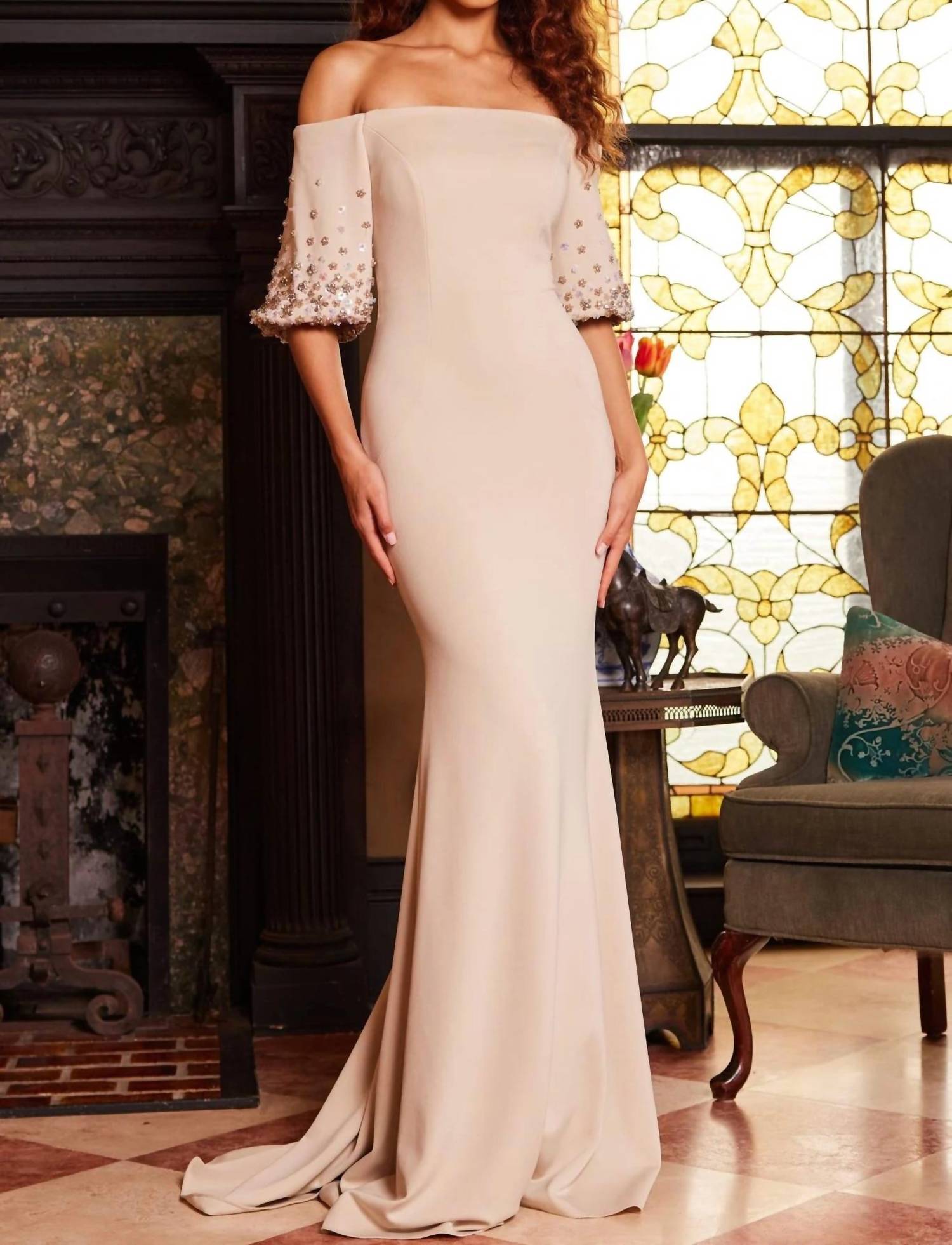 Jovani - Off Shoulder Floral Sleeve Gown