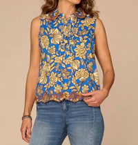 Democracy - Sleeveless Half Placket Printed Embroidered Woven Top