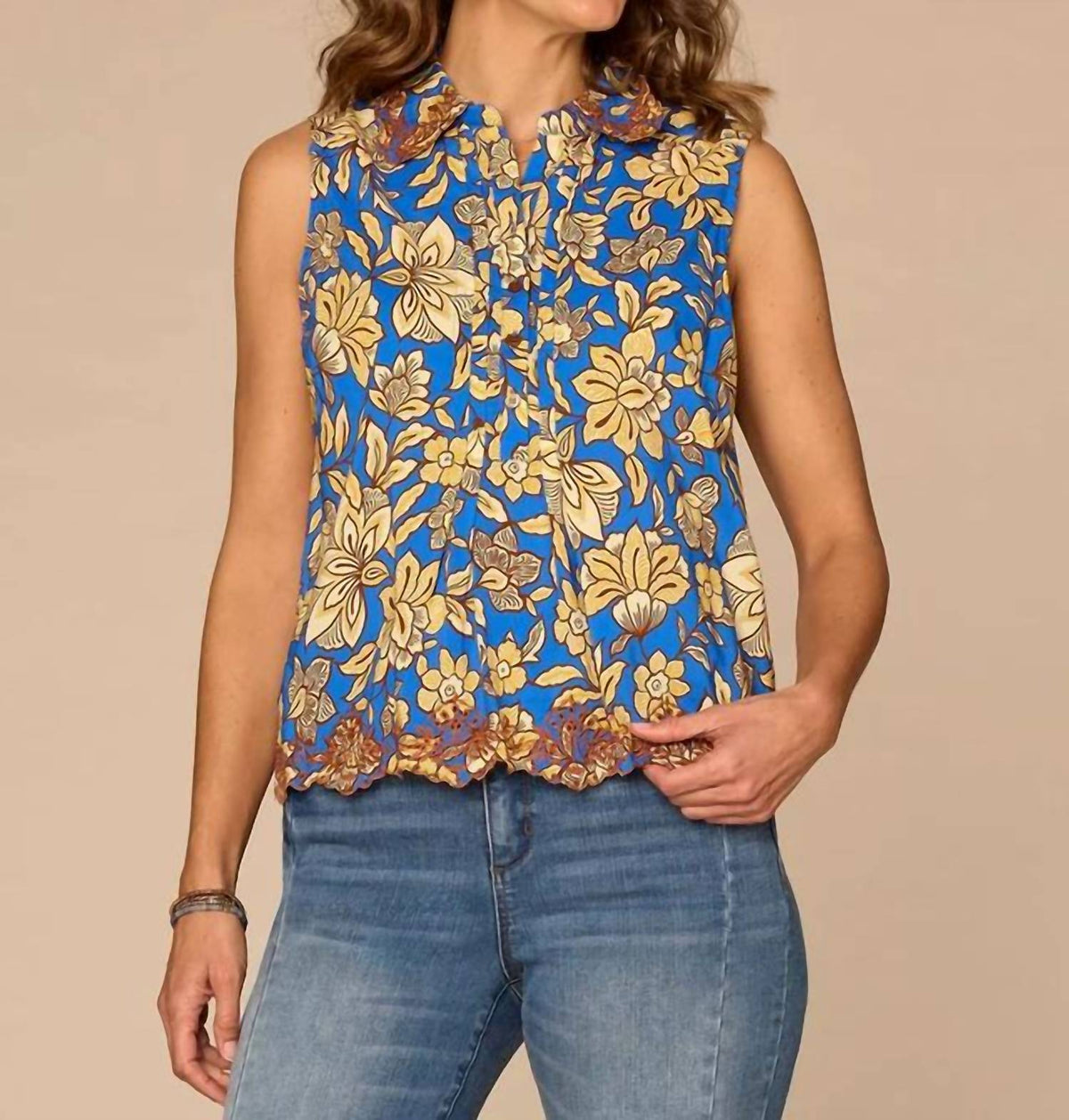 Democracy - Sleeveless Half Placket Printed Embroidered Woven Top