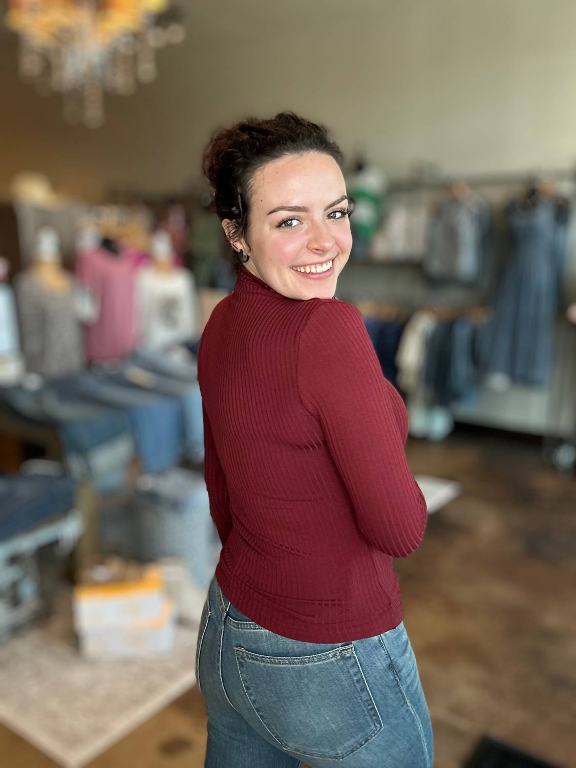 mystree Long Sleeve Ribbed Mock Neck Top in burgundy - women's long sleeve top - alternate view